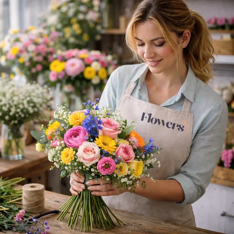 Florista armando un ramo en el taller